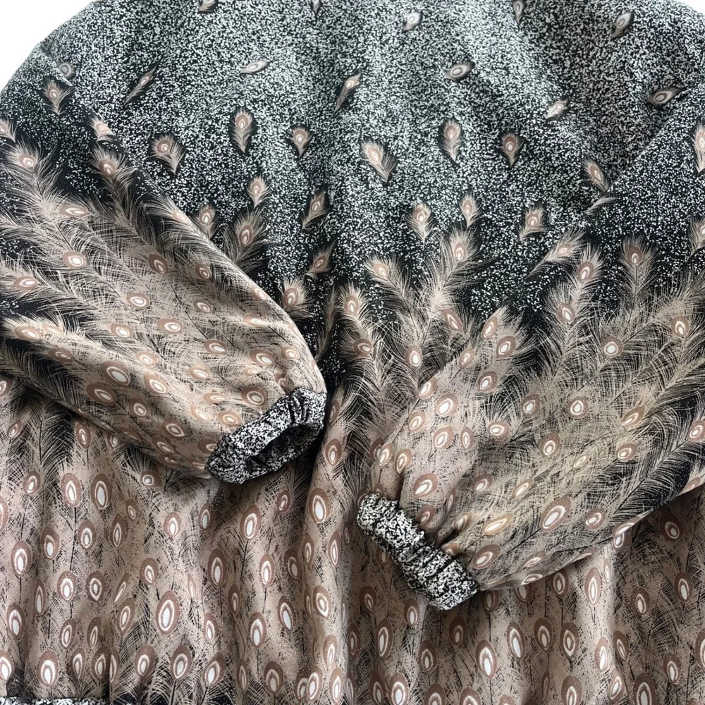 Valentina OS Black Tan Metallic, Peacock Ostrich Feather Print Bomber Jacket VTG